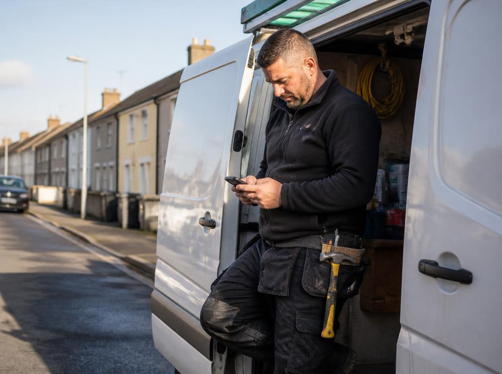Tradesperson loading tools into a work van